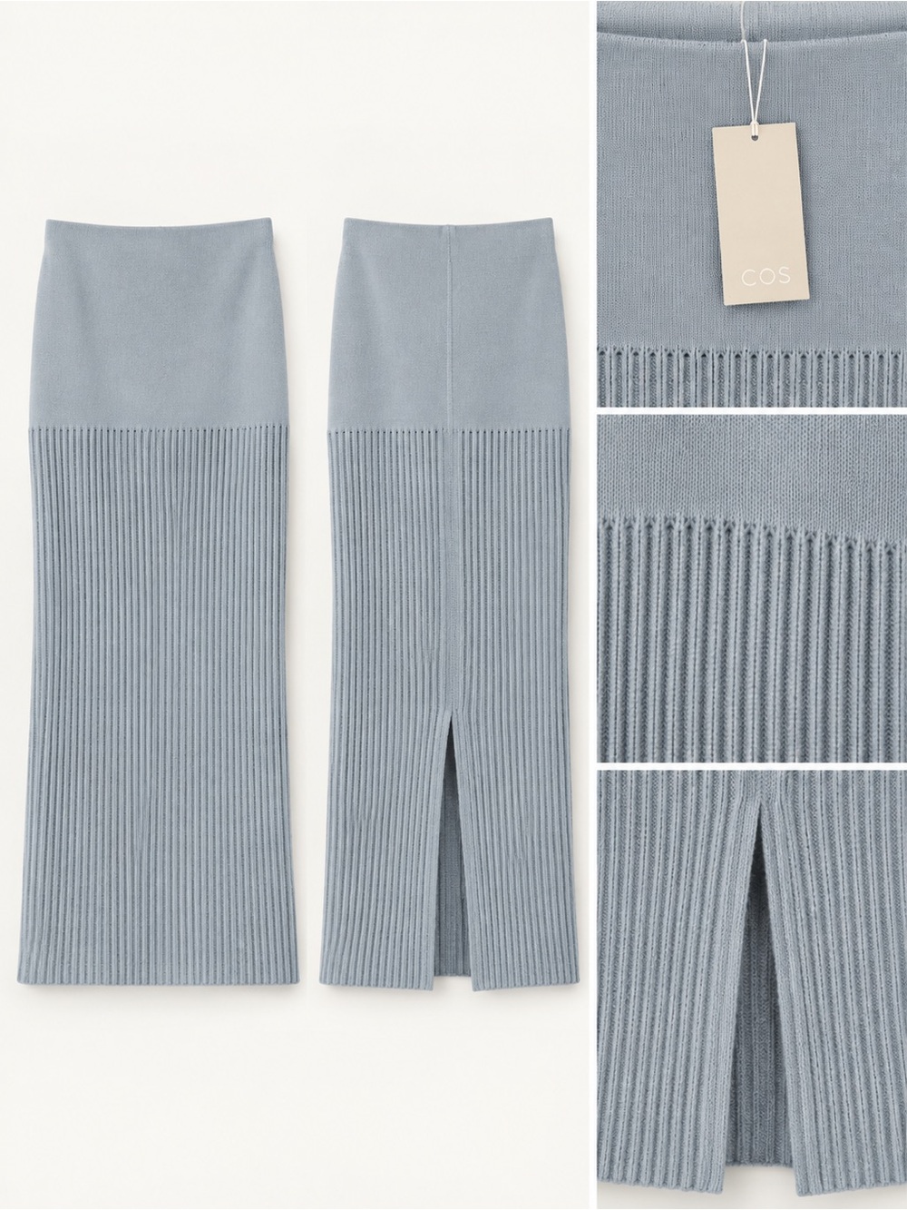 COS Light Blue Ribbed Knit Midi Skirt with Back Slit